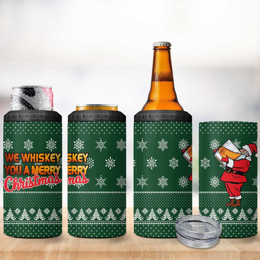Funny Whiskey Christmas 4 in 1 Can Cooler Tumbler with Santa Holding Mug and We Whiskey You a Merry Christmas Quote - Wonder Print Shop