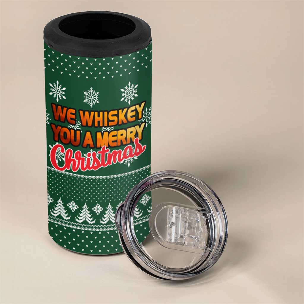 Funny Whiskey Christmas 4 in 1 Can Cooler Tumbler with Santa Holding Mug and We Whiskey You a Merry Christmas Quote - Wonder Print Shop