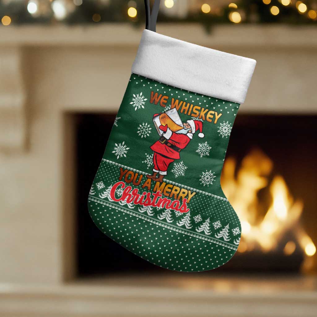 Funny Whiskey Christmas Stocking with Santa Holding Mug and We Whiskey You a Merry Christmas Quote - Wonder Print Shop