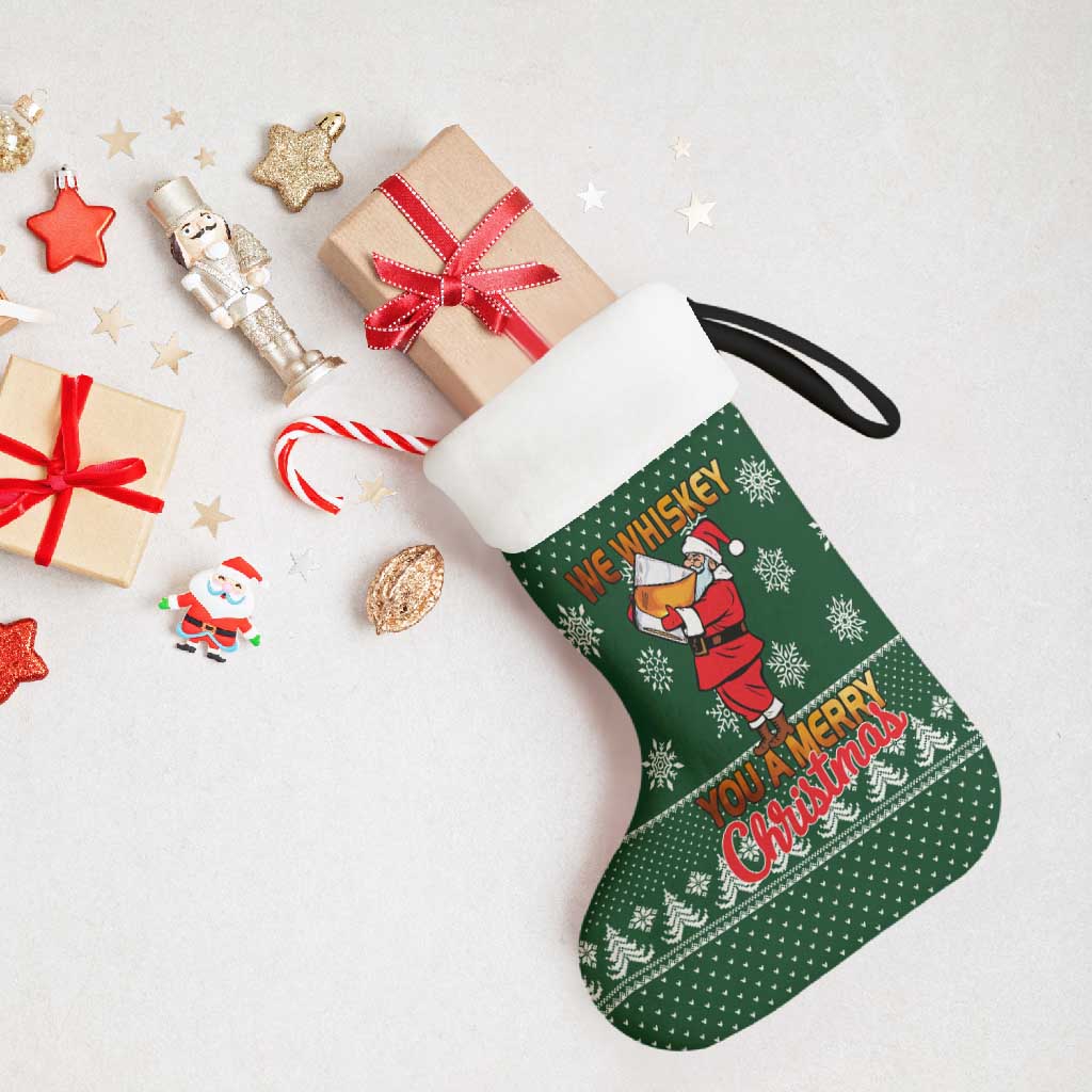 Funny Whiskey Christmas Stocking with Santa Holding Mug and We Whiskey You a Merry Christmas Quote - Wonder Print Shop
