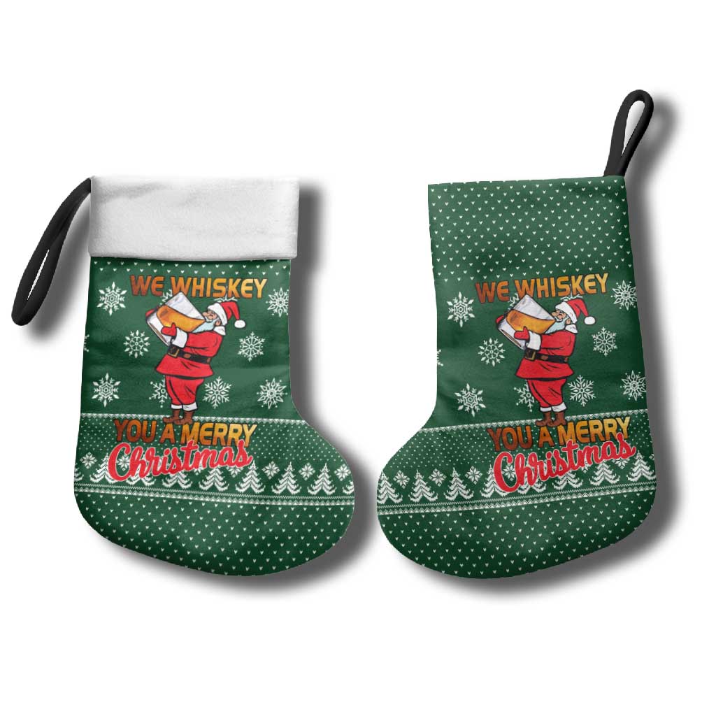 Funny Whiskey Christmas Stocking with Santa Holding Mug and We Whiskey You a Merry Christmas Quote - Wonder Print Shop