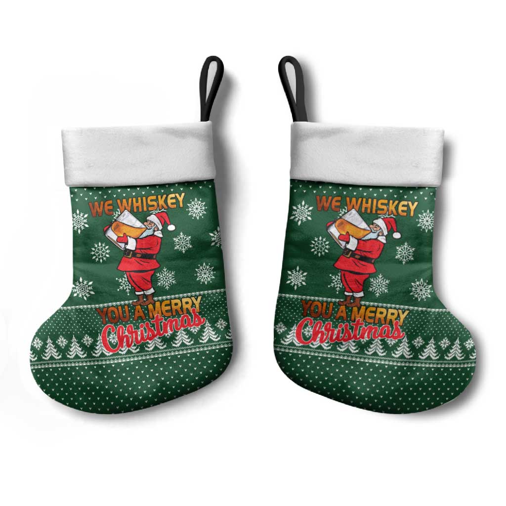 Funny Whiskey Christmas Stocking with Santa Holding Mug and We Whiskey You a Merry Christmas Quote - Wonder Print Shop