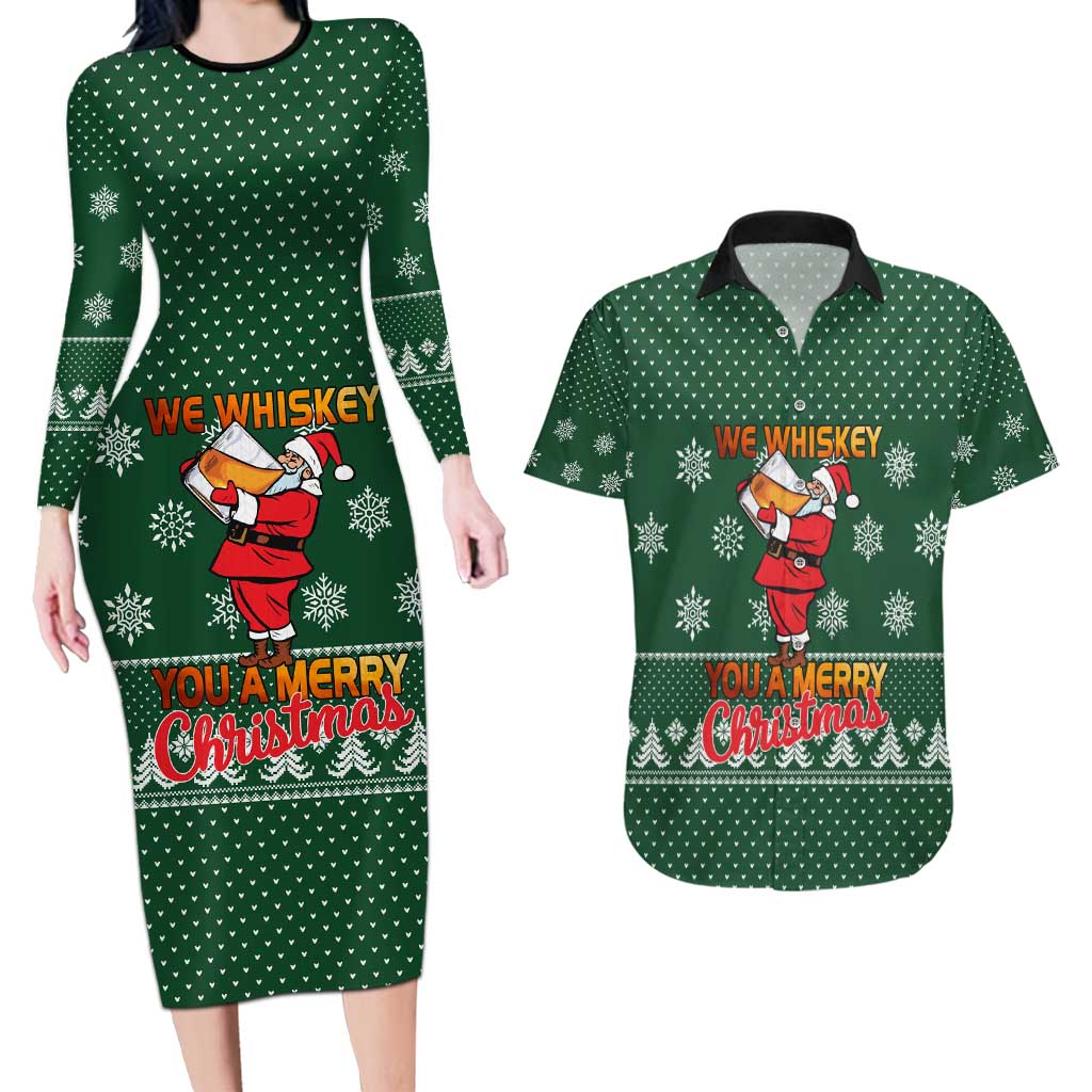 Funny Whiskey Christmas Couples Matching Long Sleeve Bodycon Dress and Hawaiian Shirt with Santa Holding Mug and We Whiskey You a Merry Christmas Quote - Wonder Print Shop