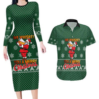 Funny Whiskey Christmas Couples Matching Long Sleeve Bodycon Dress and Hawaiian Shirt with Santa Holding Mug and We Whiskey You a Merry Christmas Quote - Wonder Print Shop