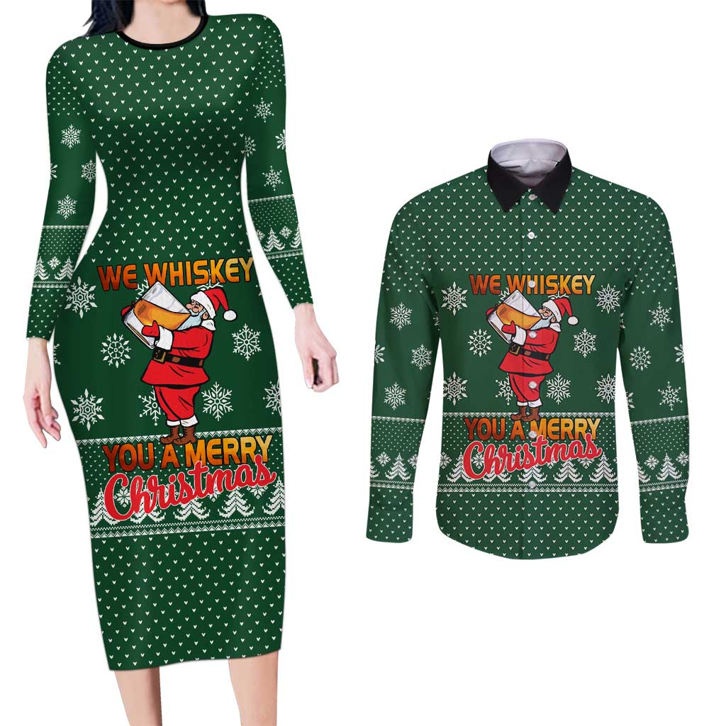 Funny Whiskey Christmas Couples Matching Long Sleeve Bodycon Dress and Long Sleeve Button Shirt with Santa Holding Mug and We Whiskey You a Merry Christmas Quote - Wonder Print Shop
