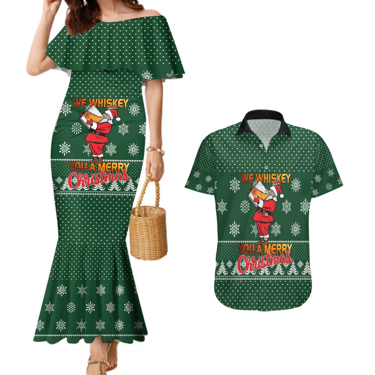 Funny Whiskey Christmas Couples Matching Mermaid Dress and Hawaiian Shirt with Santa Holding Mug and We Whiskey You a Merry Christmas Quote - Wonder Print Shop