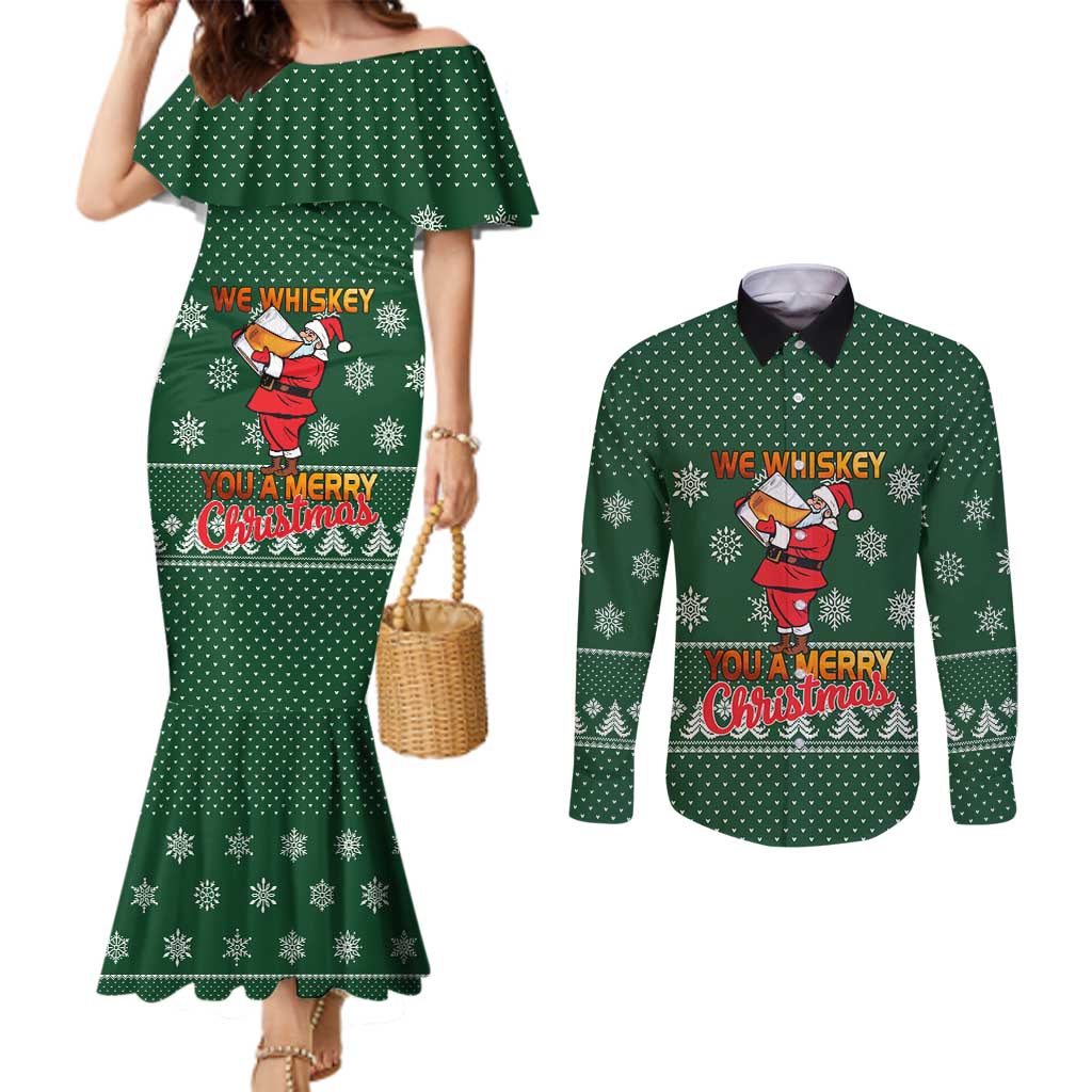 Funny Whiskey Christmas Couples Matching Mermaid Dress and Long Sleeve Button Shirt with Santa Holding Mug and We Whiskey You a Merry Christmas Quote - Wonder Print Shop