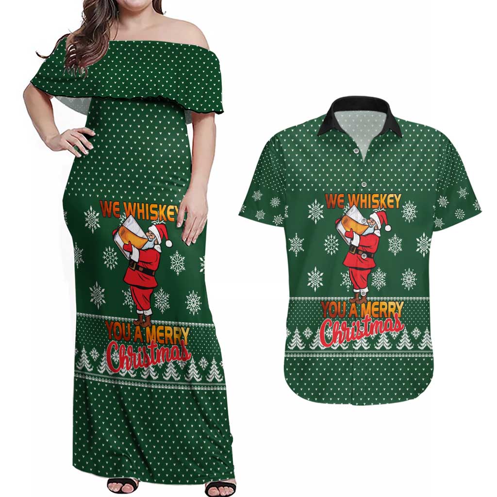 Funny Whiskey Christmas Couples Matching Off Shoulder Maxi Dress and Hawaiian Shirt with Santa Holding Mug and We Whiskey You a Merry Christmas Quote - Wonder Print Shop