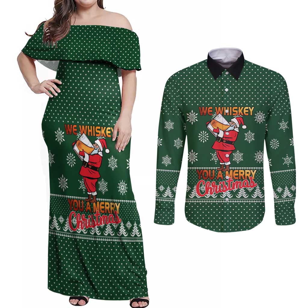 Funny Whiskey Christmas Couples Matching Off Shoulder Maxi Dress and Long Sleeve Button Shirt with Santa Holding Mug and We Whiskey You a Merry Christmas Quote - Wonder Print Shop
