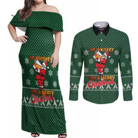 Funny Whiskey Christmas Couples Matching Off Shoulder Maxi Dress and Long Sleeve Button Shirt with Santa Holding Mug and We Whiskey You a Merry Christmas Quote - Wonder Print Shop