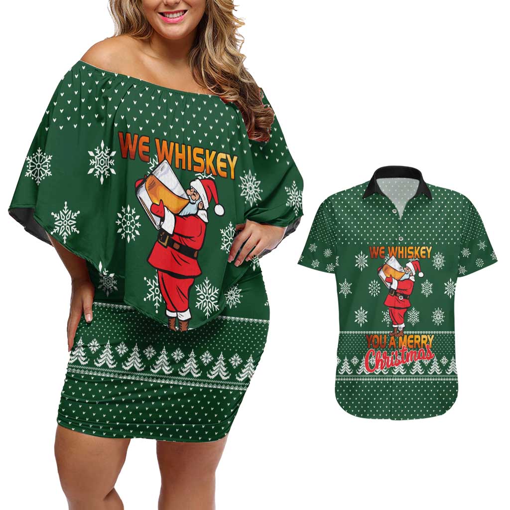 Funny Whiskey Christmas Couples Matching Off Shoulder Short Dress and Hawaiian Shirt with Santa Holding Mug and We Whiskey You a Merry Christmas Quote - Wonder Print Shop