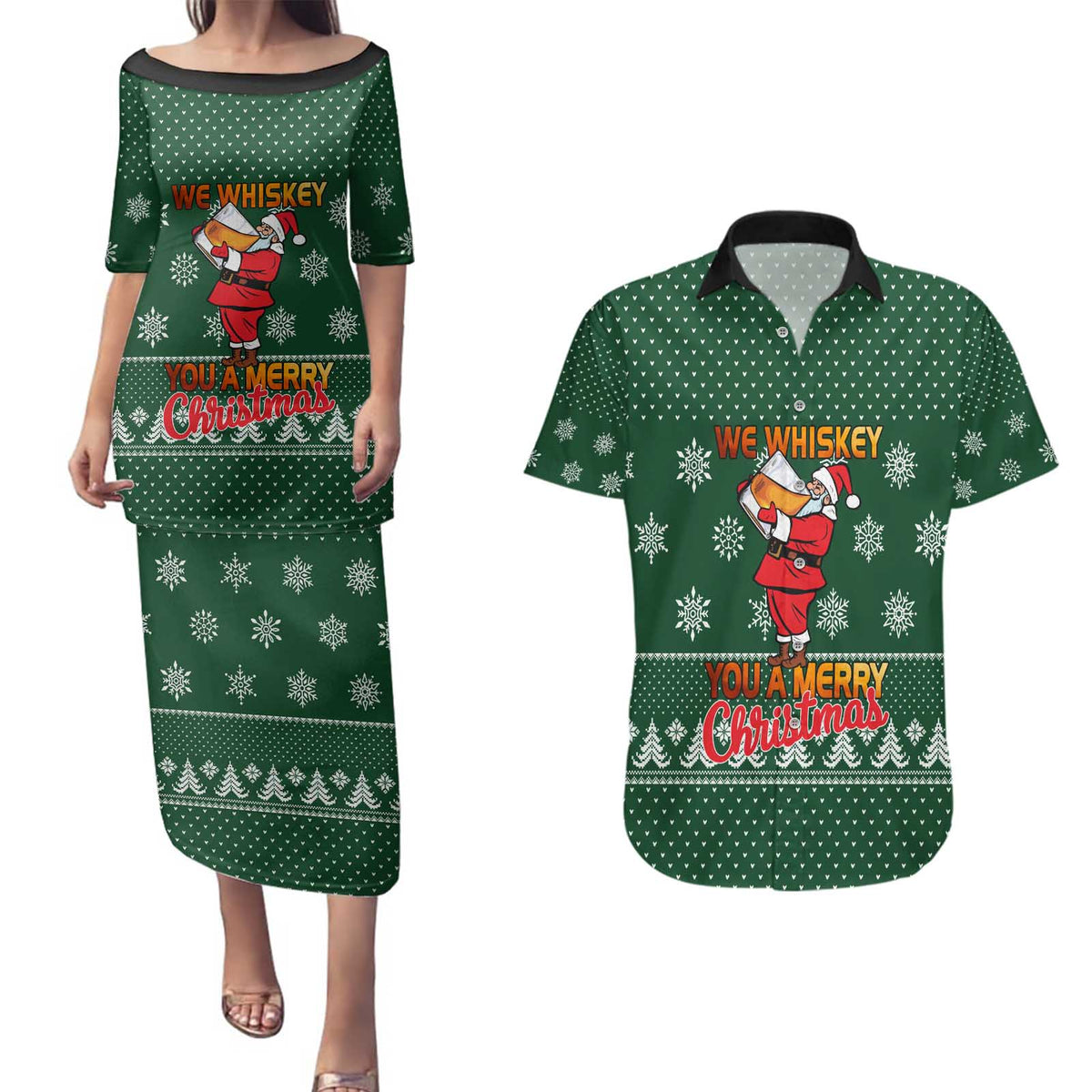 Funny Whiskey Christmas Couples Matching Puletasi and Hawaiian Shirt with Santa Holding Mug and We Whiskey You a Merry Christmas Quote - Wonder Print Shop