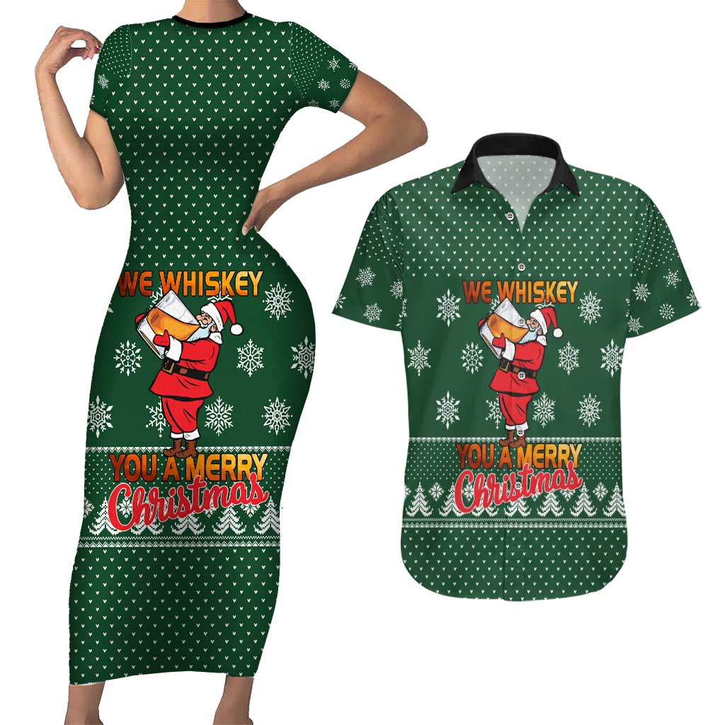 Funny Whiskey Christmas Couples Matching Short Sleeve Bodycon Dress and Hawaiian Shirt with Santa Holding Mug and We Whiskey You a Merry Christmas Quote - Wonder Print Shop