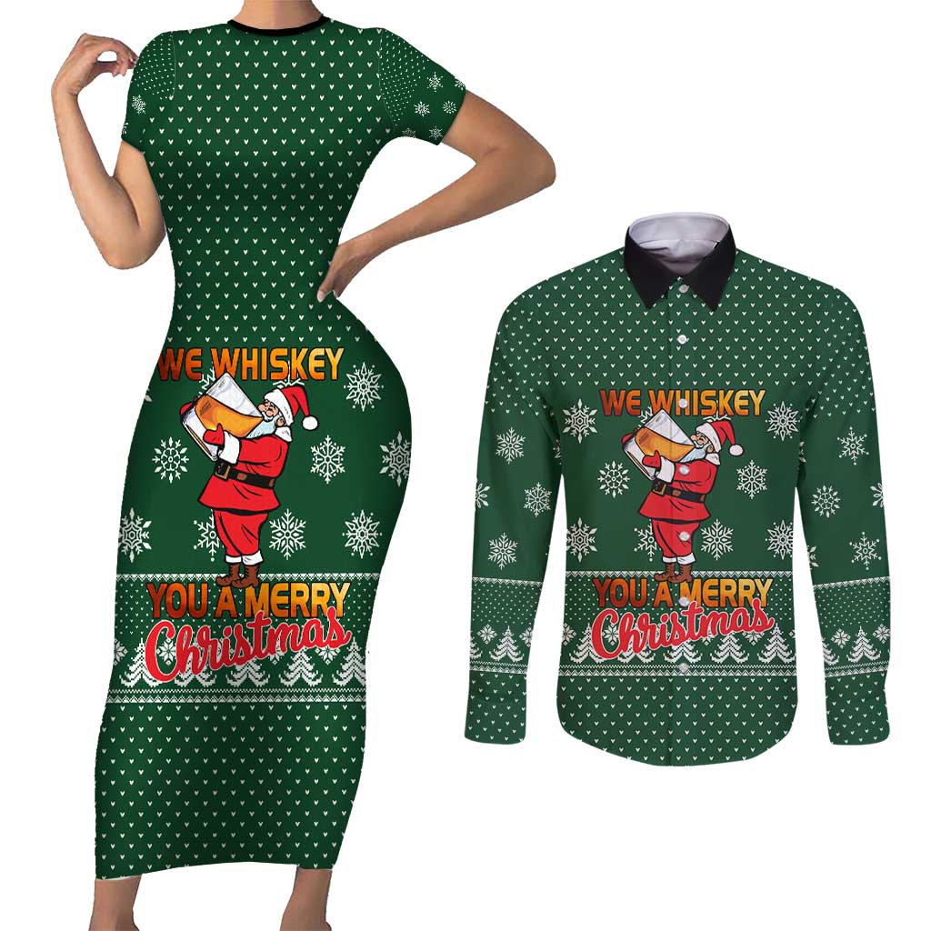 Funny Whiskey Christmas Couples Matching Short Sleeve Bodycon Dress and Long Sleeve Button Shirt with Santa Holding Mug and We Whiskey You a Merry Christmas Quote - Wonder Print Shop