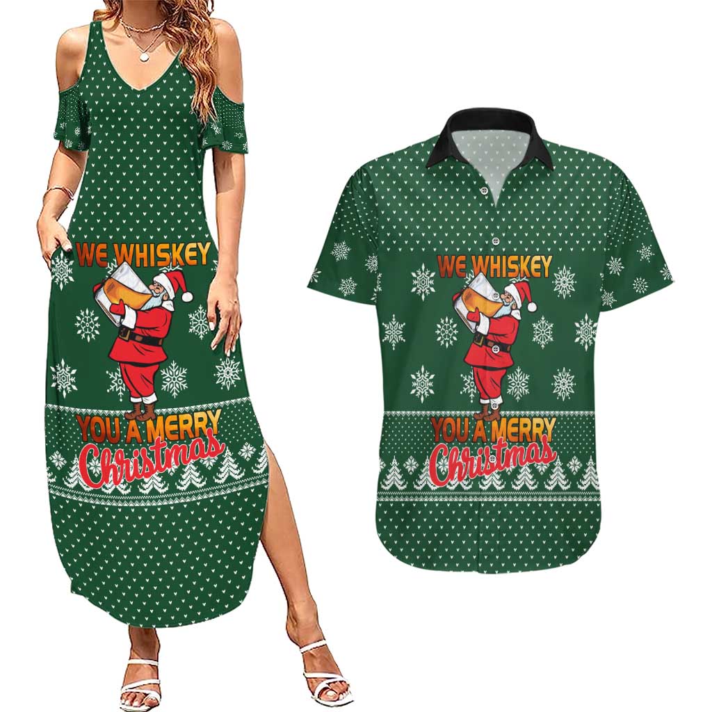 Funny Whiskey Christmas Couples Matching Summer Maxi Dress and Hawaiian Shirt with Santa Holding Mug and We Whiskey You a Merry Christmas Quote - Wonder Print Shop