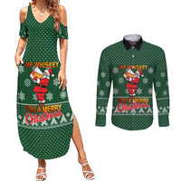 Funny Whiskey Christmas Couples Matching Summer Maxi Dress and Long Sleeve Button Shirt with Santa Holding Mug and We Whiskey You a Merry Christmas Quote - Wonder Print Shop