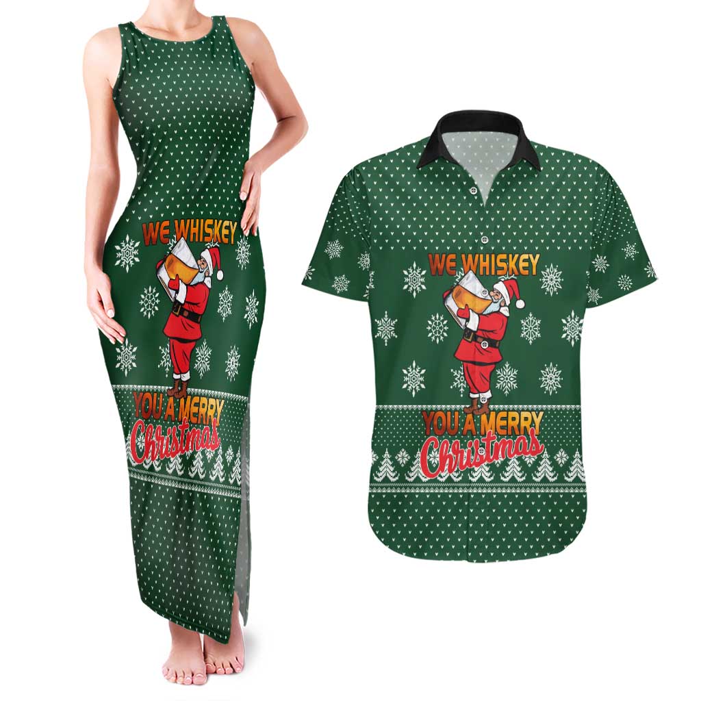 Funny Whiskey Christmas Couples Matching Tank Maxi Dress and Hawaiian Shirt with Santa Holding Mug and We Whiskey You a Merry Christmas Quote - Wonder Print Shop