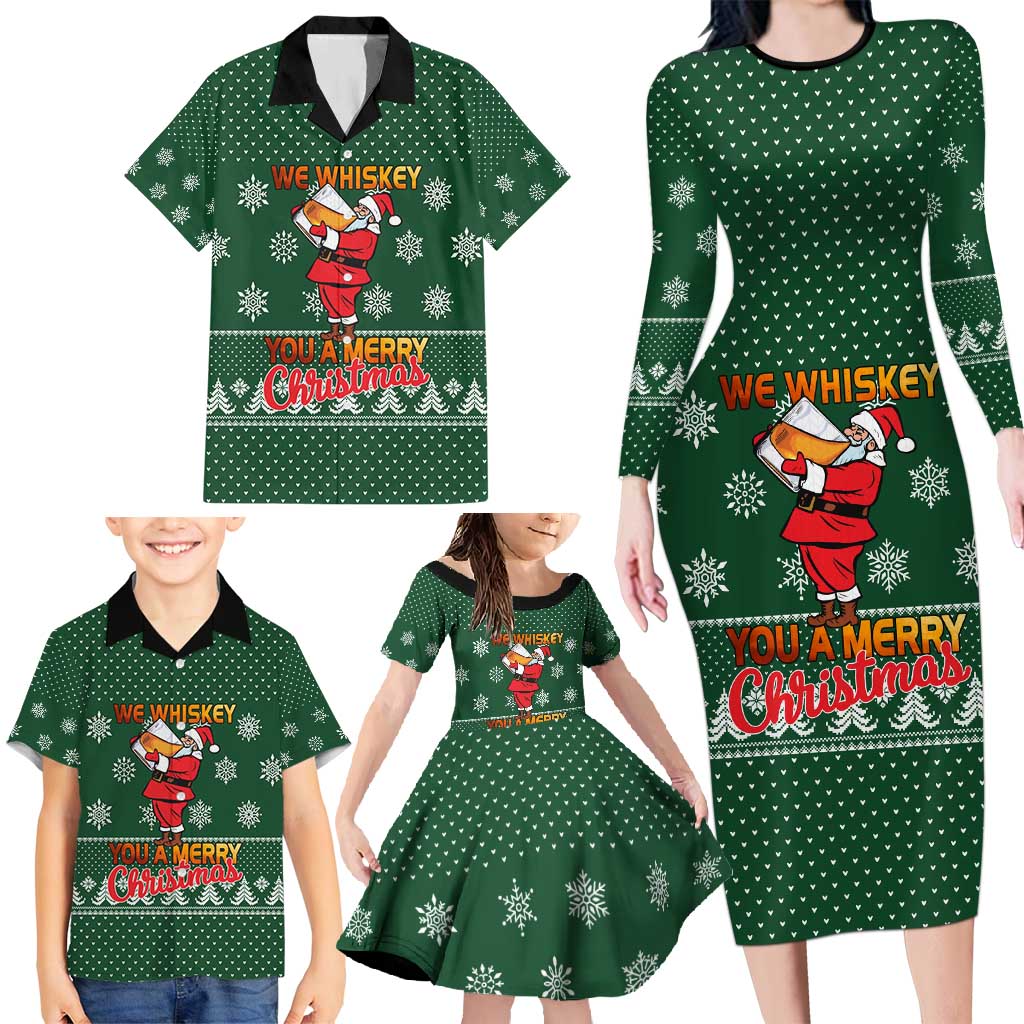 Funny Whiskey Christmas Family Matching Long Sleeve Bodycon Dress and Hawaiian Shirt with Santa Holding Mug and We Whiskey You a Merry Christmas Quote - Wonder Print Shop