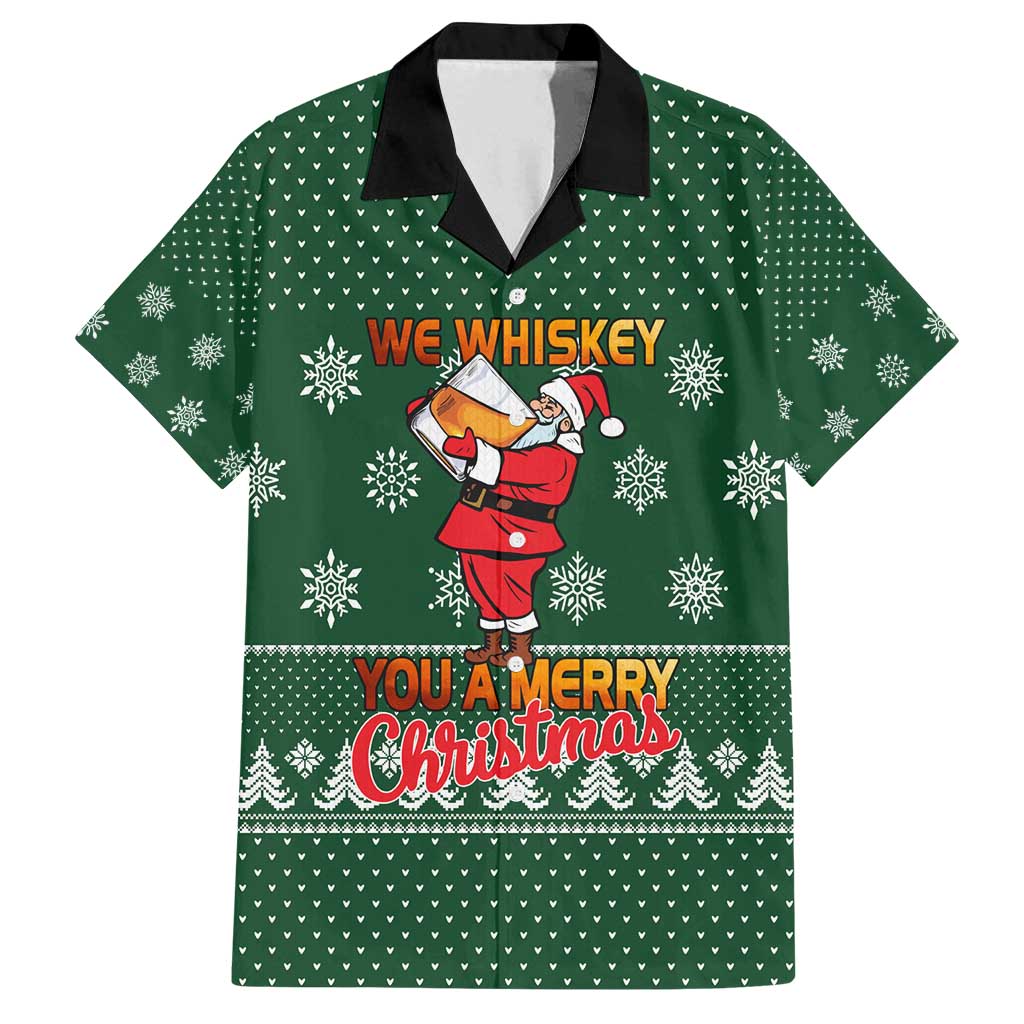 Funny Whiskey Christmas Family Matching Long Sleeve Bodycon Dress and Hawaiian Shirt with Santa Holding Mug and We Whiskey You a Merry Christmas Quote - Wonder Print Shop