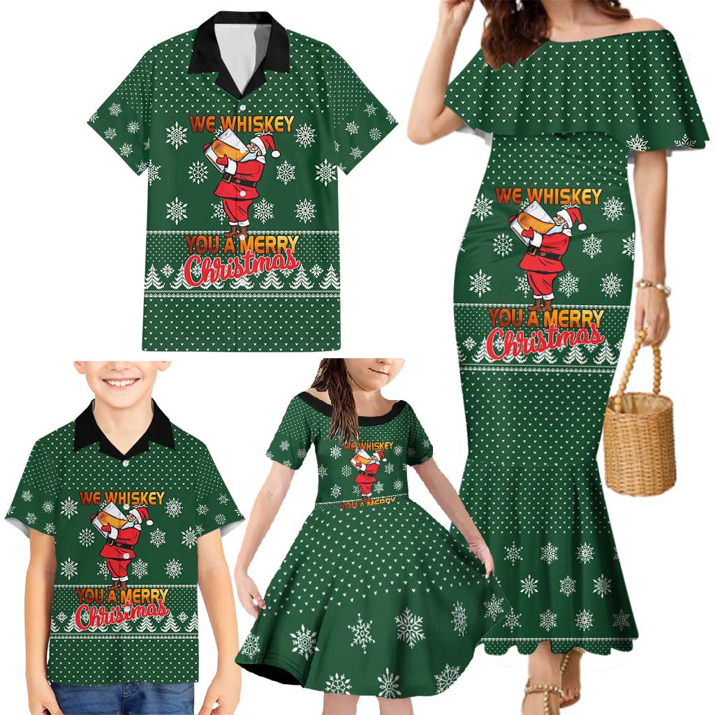 Funny Whiskey Christmas Family Matching Mermaid Dress and Hawaiian Shirt with Santa Holding Mug and We Whiskey You a Merry Christmas Quote - Wonder Print Shop