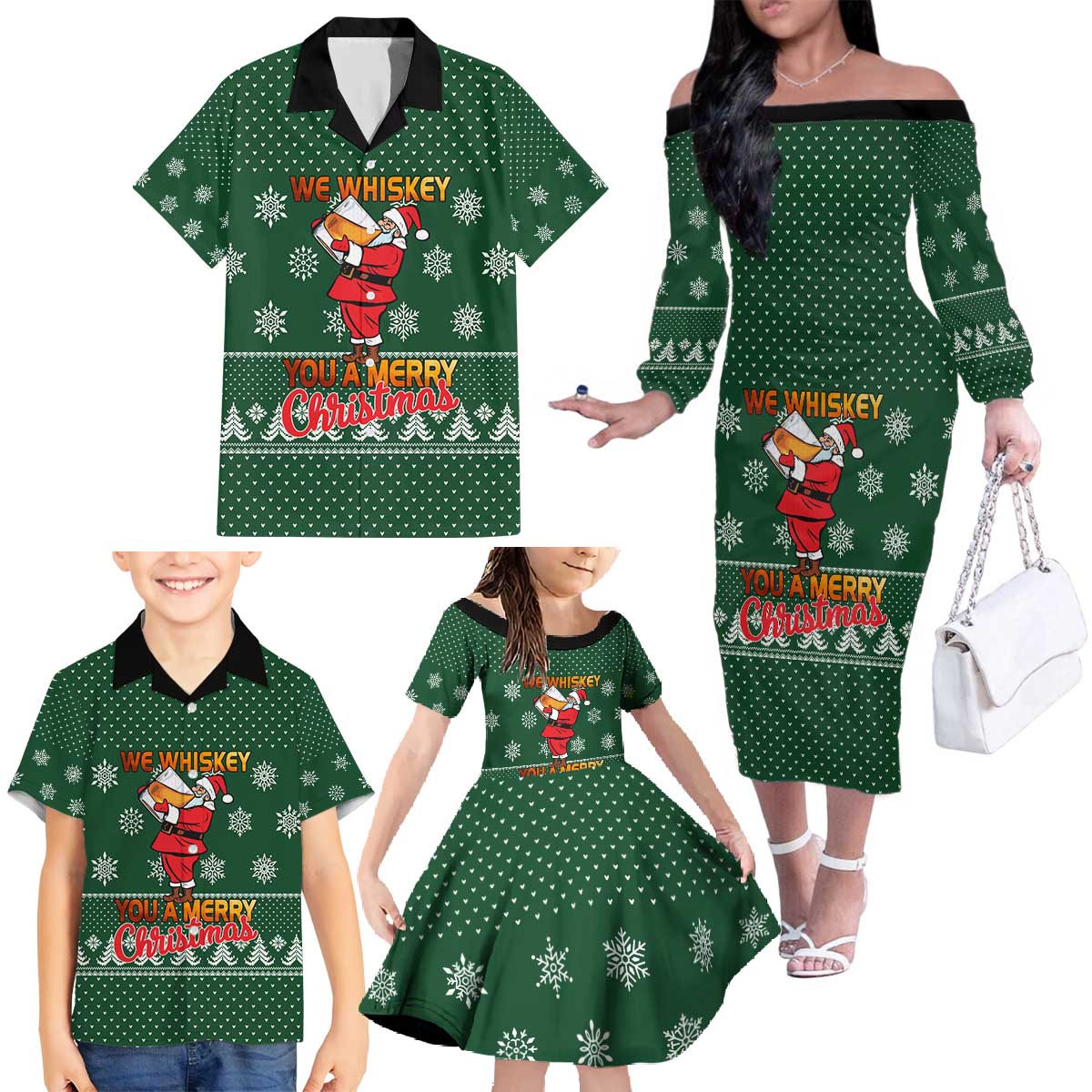 Funny Whiskey Christmas Family Matching Off The Shoulder Long Sleeve Dress and Hawaiian Shirt with Santa Holding Mug and We Whiskey You a Merry Christmas Quote - Wonder Print Shop