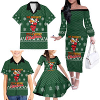 Funny Whiskey Christmas Family Matching Off The Shoulder Long Sleeve Dress and Hawaiian Shirt with Santa Holding Mug and We Whiskey You a Merry Christmas Quote - Wonder Print Shop