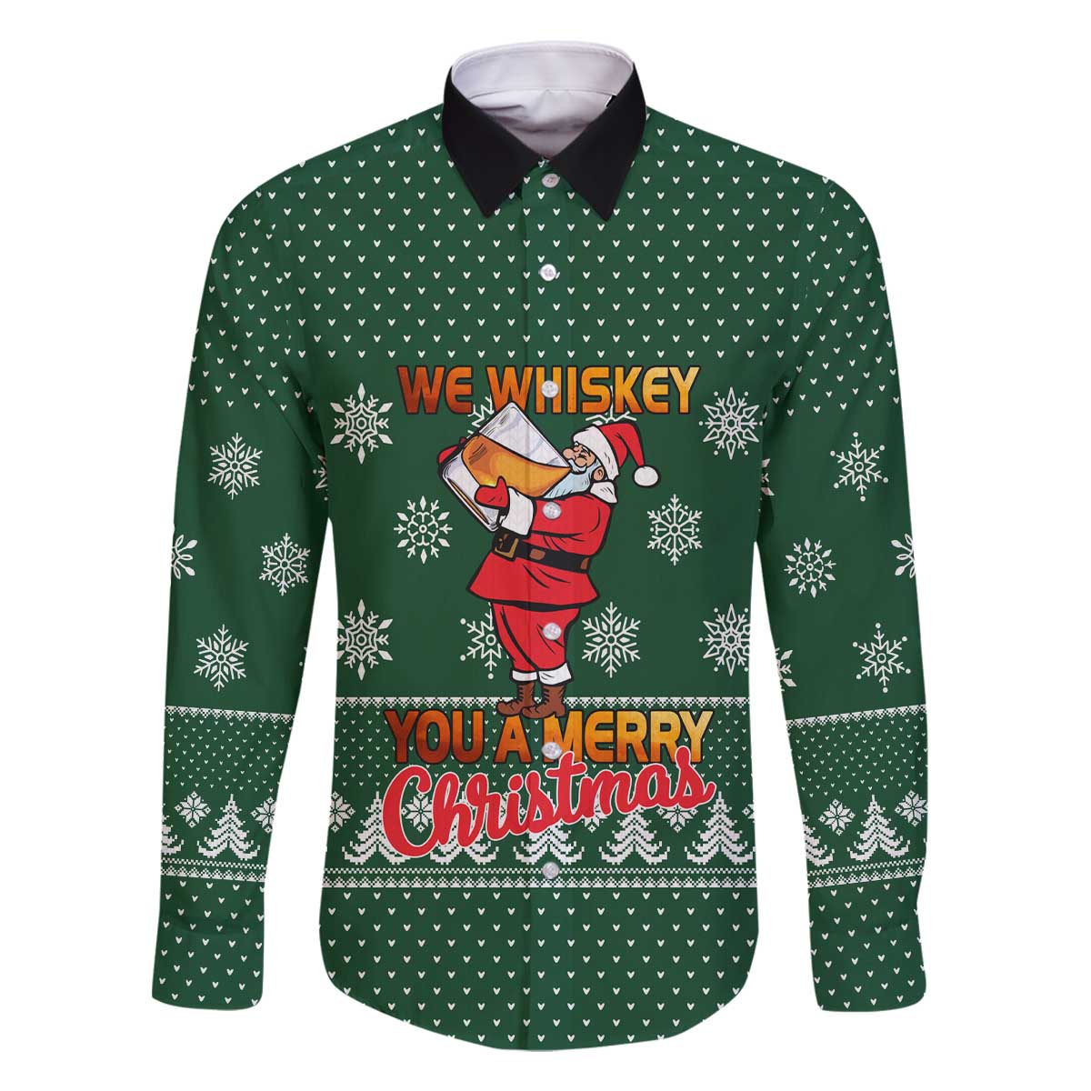Funny Whiskey Christmas Family Matching Off The Shoulder Long Sleeve Dress and Hawaiian Shirt with Santa Holding Mug and We Whiskey You a Merry Christmas Quote - Wonder Print Shop