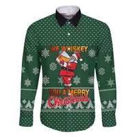 Funny Whiskey Christmas Family Matching Off The Shoulder Long Sleeve Dress and Hawaiian Shirt with Santa Holding Mug and We Whiskey You a Merry Christmas Quote - Wonder Print Shop