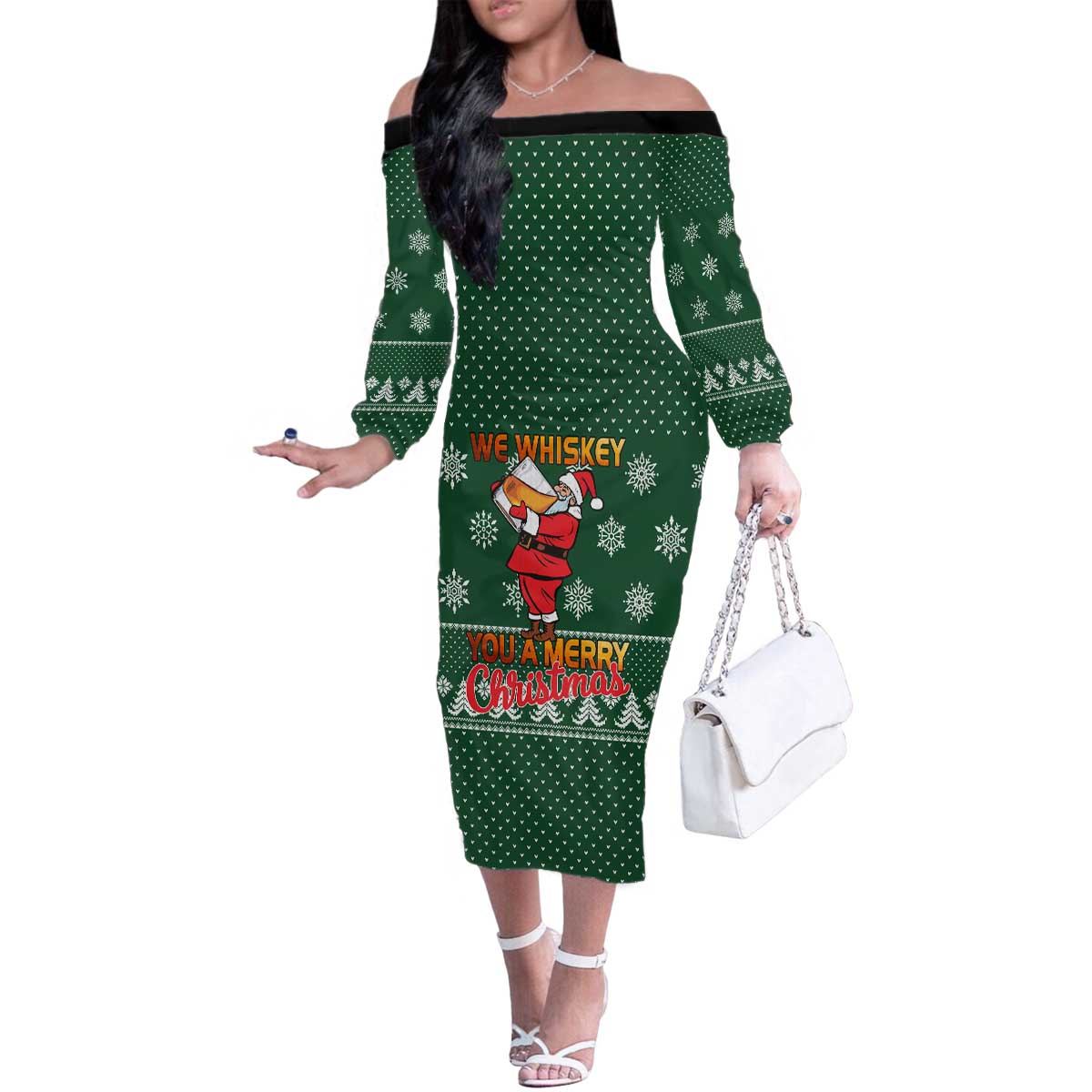 Funny Whiskey Christmas Family Matching Off The Shoulder Long Sleeve Dress and Hawaiian Shirt with Santa Holding Mug and We Whiskey You a Merry Christmas Quote - Wonder Print Shop