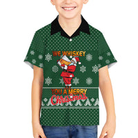 Funny Whiskey Christmas Family Matching Off The Shoulder Long Sleeve Dress and Hawaiian Shirt with Santa Holding Mug and We Whiskey You a Merry Christmas Quote - Wonder Print Shop