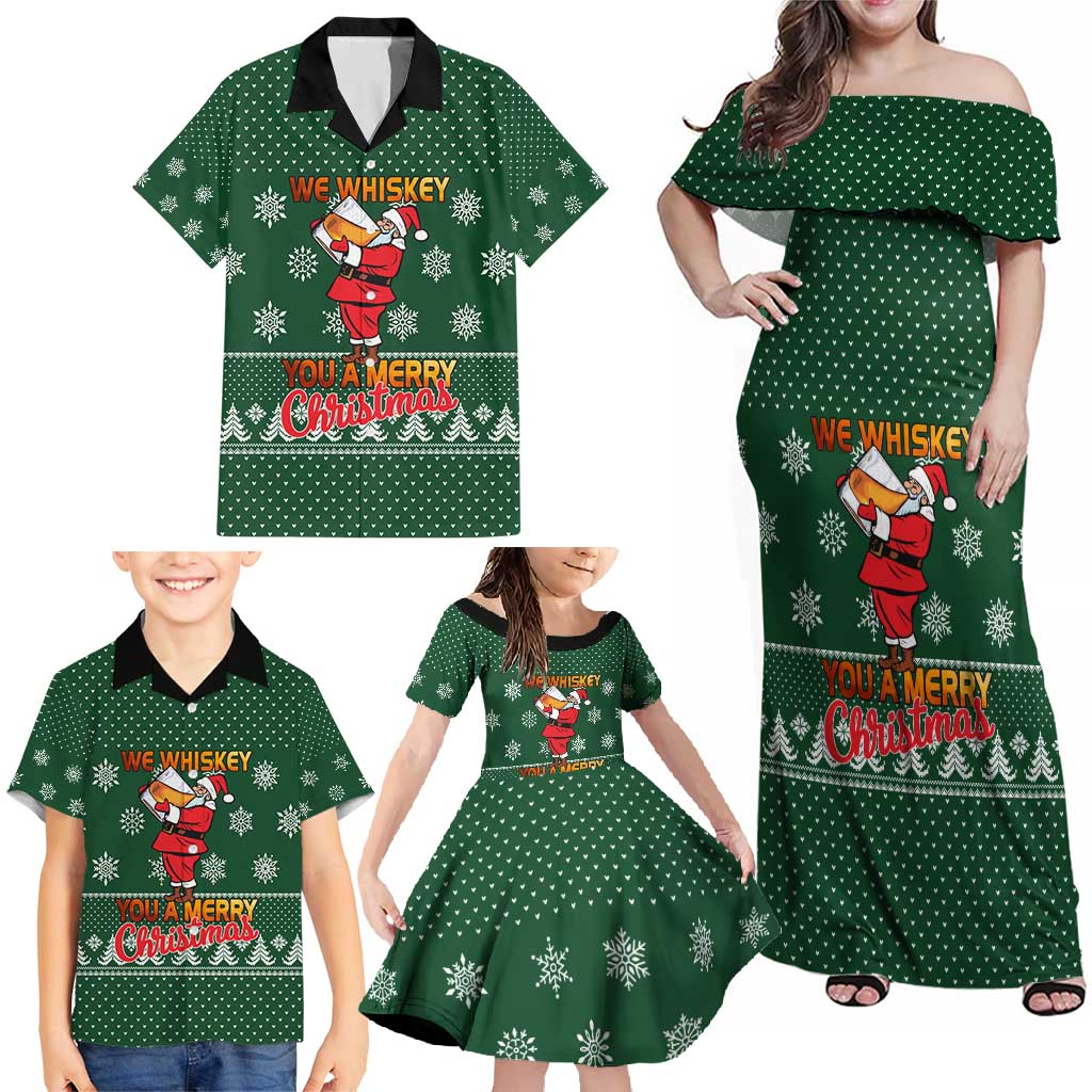 Funny Whiskey Christmas Family Matching Off Shoulder Maxi Dress and Hawaiian Shirt with Santa Holding Mug and We Whiskey You a Merry Christmas Quote - Wonder Print Shop