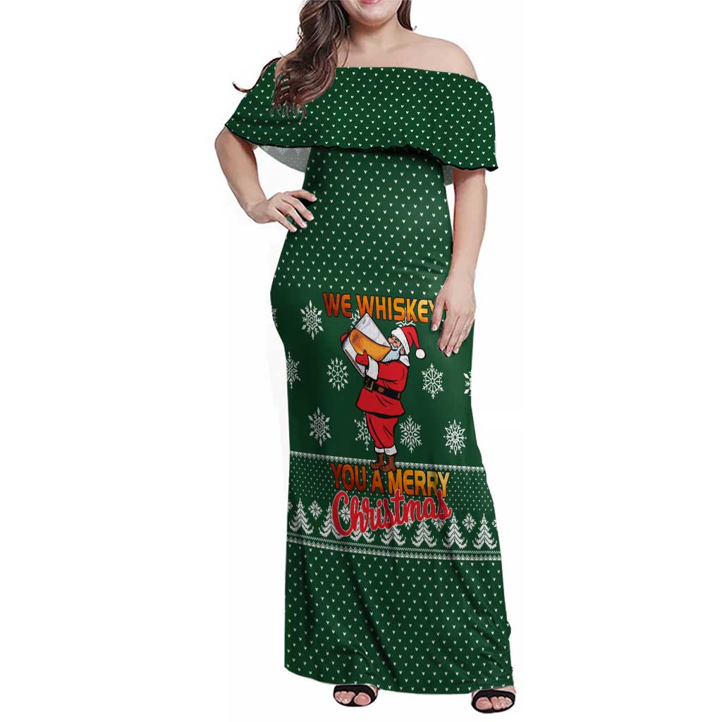 Funny Whiskey Christmas Family Matching Off Shoulder Maxi Dress and Hawaiian Shirt with Santa Holding Mug and We Whiskey You a Merry Christmas Quote - Wonder Print Shop