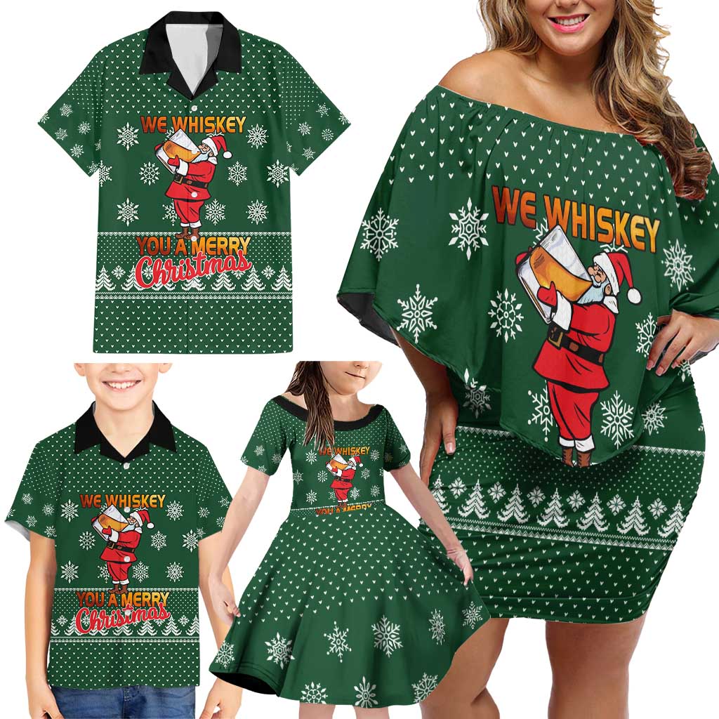 Funny Whiskey Christmas Family Matching Off Shoulder Short Dress and Hawaiian Shirt with Santa Holding Mug and We Whiskey You a Merry Christmas Quote - Wonder Print Shop