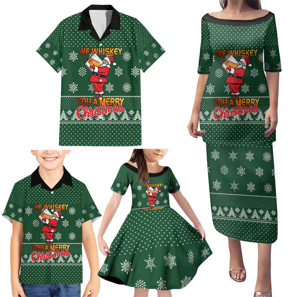 Funny Whiskey Christmas Family Matching Puletasi and Hawaiian Shirt with Santa Holding Mug and We Whiskey You a Merry Christmas Quote - Wonder Print Shop
