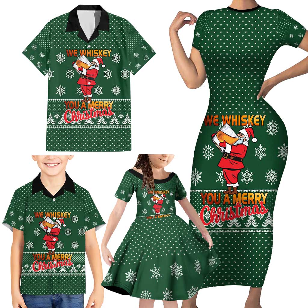 Funny Whiskey Christmas Family Matching Short Sleeve Bodycon Dress and Hawaiian Shirt with Santa Holding Mug and We Whiskey You a Merry Christmas Quote - Wonder Print Shop