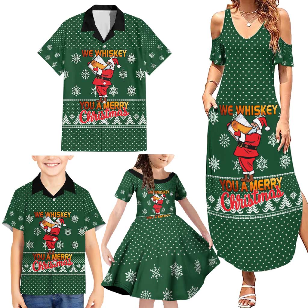 Funny Whiskey Christmas Family Matching Summer Maxi Dress and Hawaiian Shirt with Santa Holding Mug and We Whiskey You a Merry Christmas Quote - Wonder Print Shop