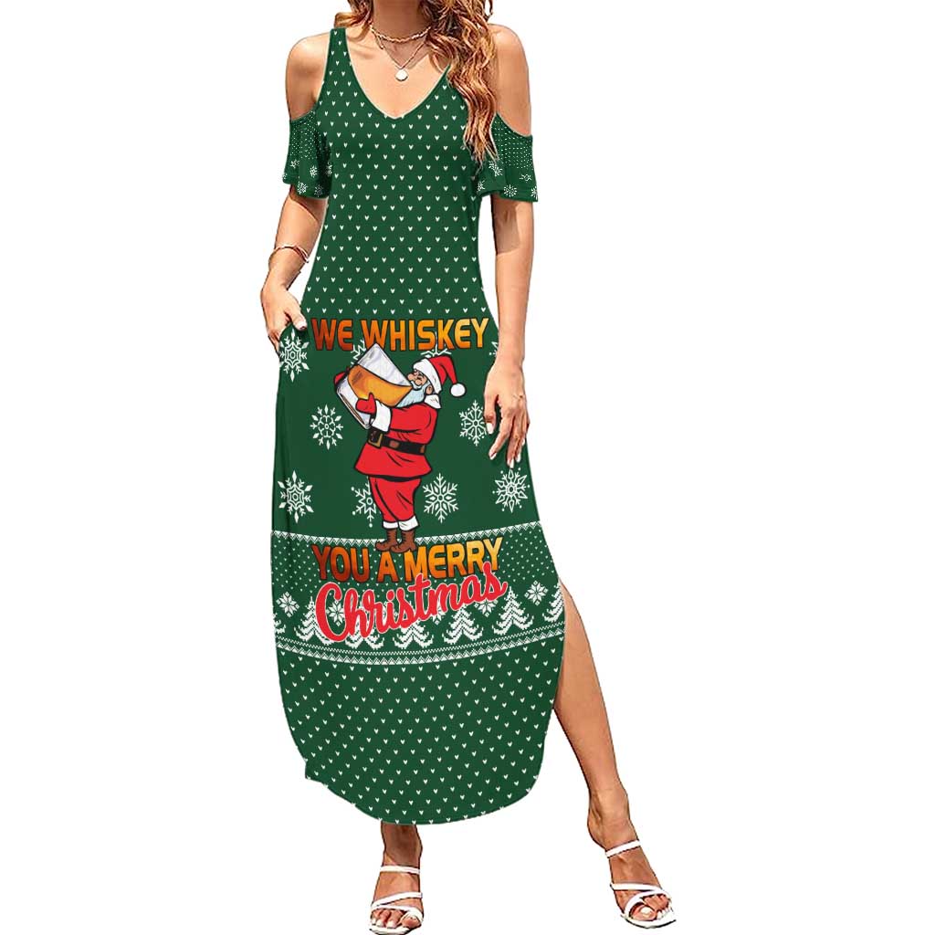 Funny Whiskey Christmas Family Matching Summer Maxi Dress and Hawaiian Shirt with Santa Holding Mug and We Whiskey You a Merry Christmas Quote - Wonder Print Shop