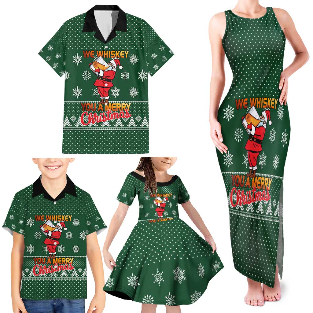 Funny Whiskey Christmas Family Matching Tank Maxi Dress and Hawaiian Shirt with Santa Holding Mug and We Whiskey You a Merry Christmas Quote - Wonder Print Shop