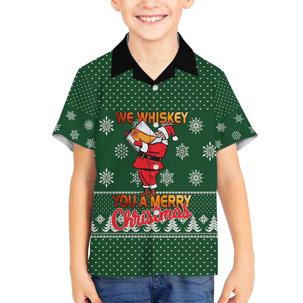 Funny Whiskey Christmas Family Matching Tank Maxi Dress and Hawaiian Shirt with Santa Holding Mug and We Whiskey You a Merry Christmas Quote - Wonder Print Shop