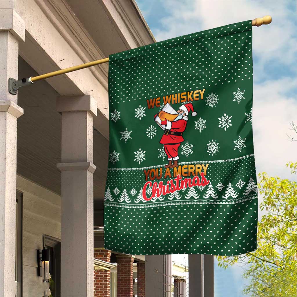 Funny Whiskey Christmas Garden Flag with Santa Holding Mug and We Whiskey You a Merry Christmas Quote - Wonder Print Shop