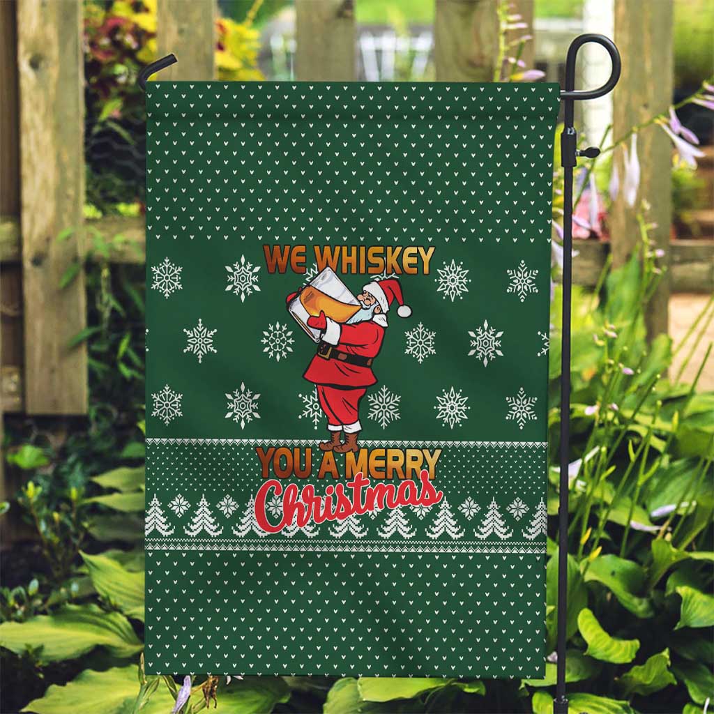Funny Whiskey Christmas Garden Flag with Santa Holding Mug and We Whiskey You a Merry Christmas Quote - Wonder Print Shop