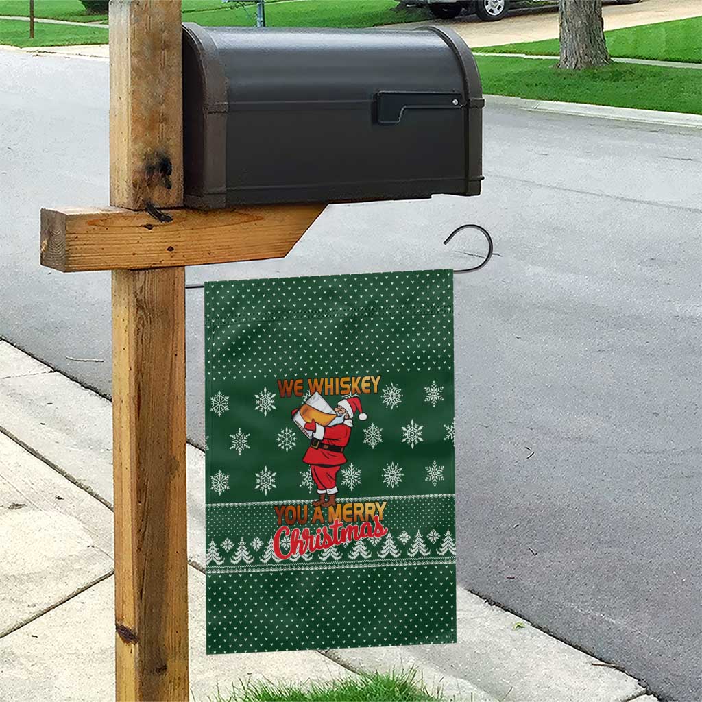 Funny Whiskey Christmas Garden Flag with Santa Holding Mug and We Whiskey You a Merry Christmas Quote - Wonder Print Shop