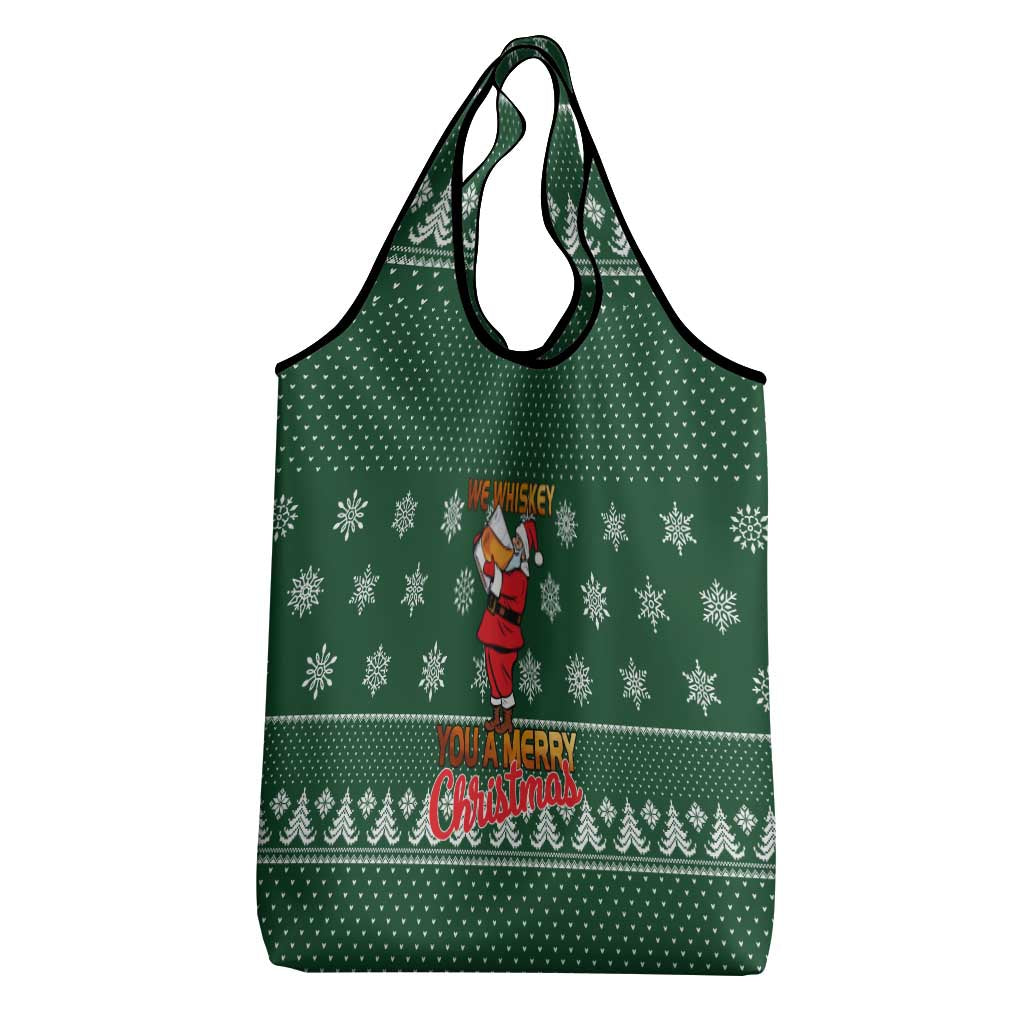 Funny Whiskey Christmas Grocery Bag with Santa Holding Mug and We Whiskey You a Merry Christmas Quote - Wonder Print Shop