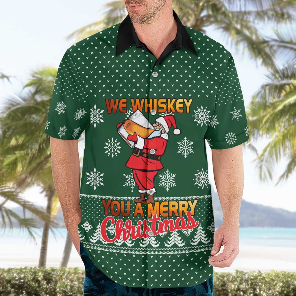Funny Whiskey Christmas Hawaiian Shirt with Santa Holding Mug and We Whiskey You a Merry Christmas Quote - Wonder Print Shop