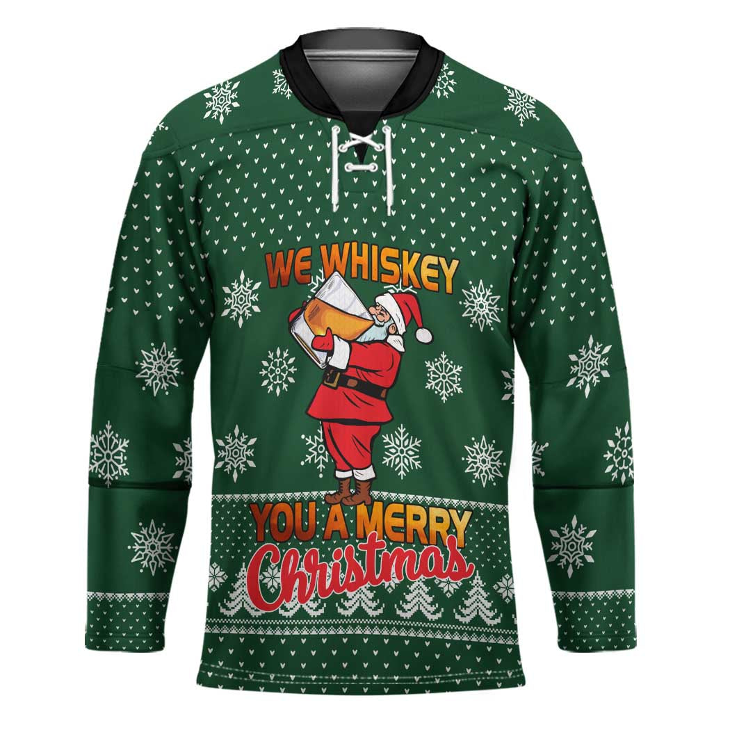 Funny Whiskey Christmas Hockey Jersey with Santa Holding Mug and We Whiskey You a Merry Christmas Quote - Wonder Print Shop
