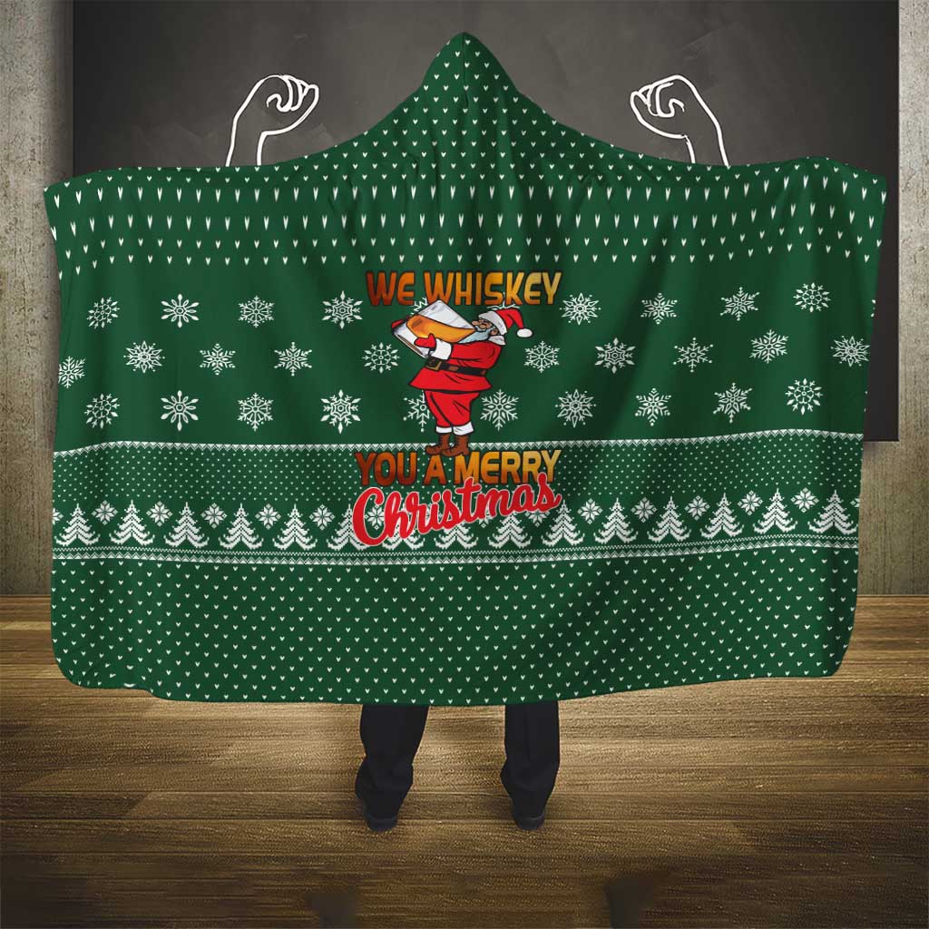 Funny Whiskey Christmas Hooded Blanket with Santa Holding Mug and We Whiskey You a Merry Christmas Quote - Wonder Print Shop