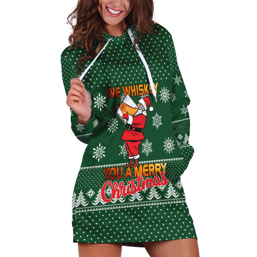 Funny Whiskey Christmas Hoodie Dress with Santa Holding Mug and We Whiskey You a Merry Christmas Quote - Wonder Print Shop