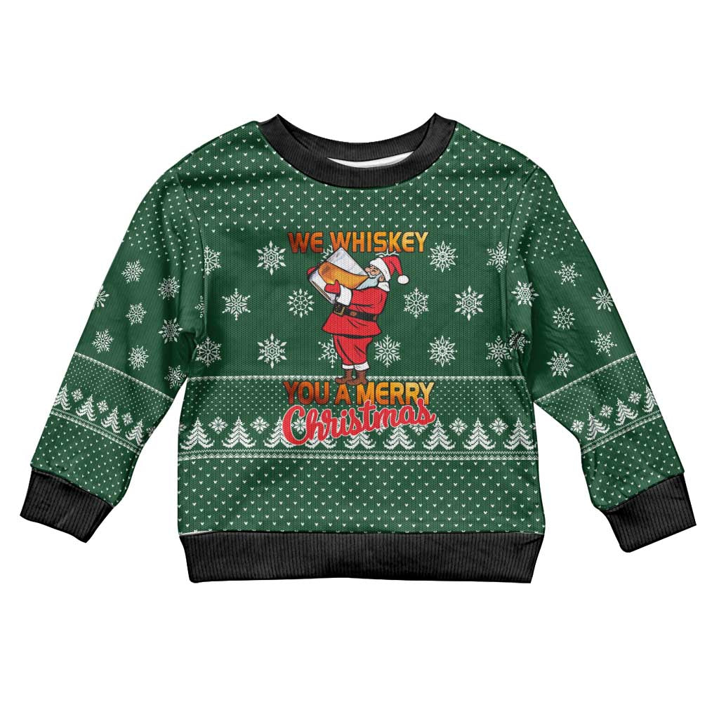 Funny Whiskey Christmas Kid Ugly Christmas Sweater with Santa Holding Mug and We Whiskey You a Merry Christmas Quote - Wonder Print Shop