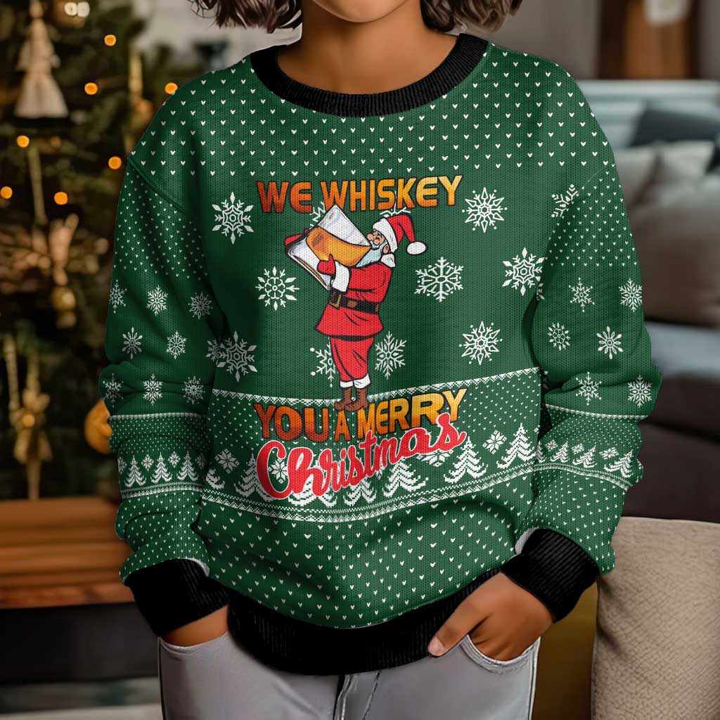 Funny Whiskey Christmas Kid Ugly Christmas Sweater with Santa Holding Mug and We Whiskey You a Merry Christmas Quote - Wonder Print Shop