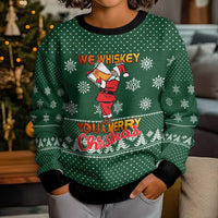 Funny Whiskey Christmas Kid Ugly Christmas Sweater with Santa Holding Mug and We Whiskey You a Merry Christmas Quote - Wonder Print Shop